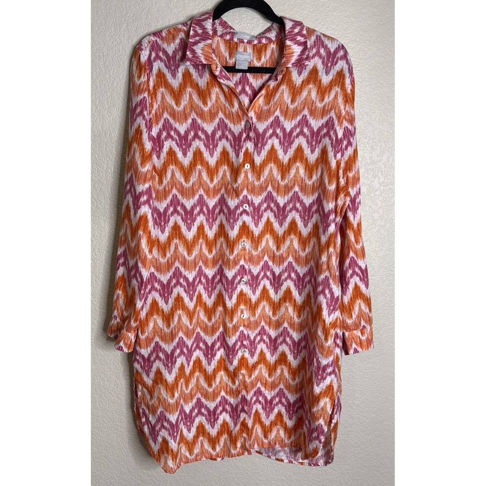 Chicos 3.5 US 18 Button Front Pink Orange Chevron Linen Dress‎ No Iron READ